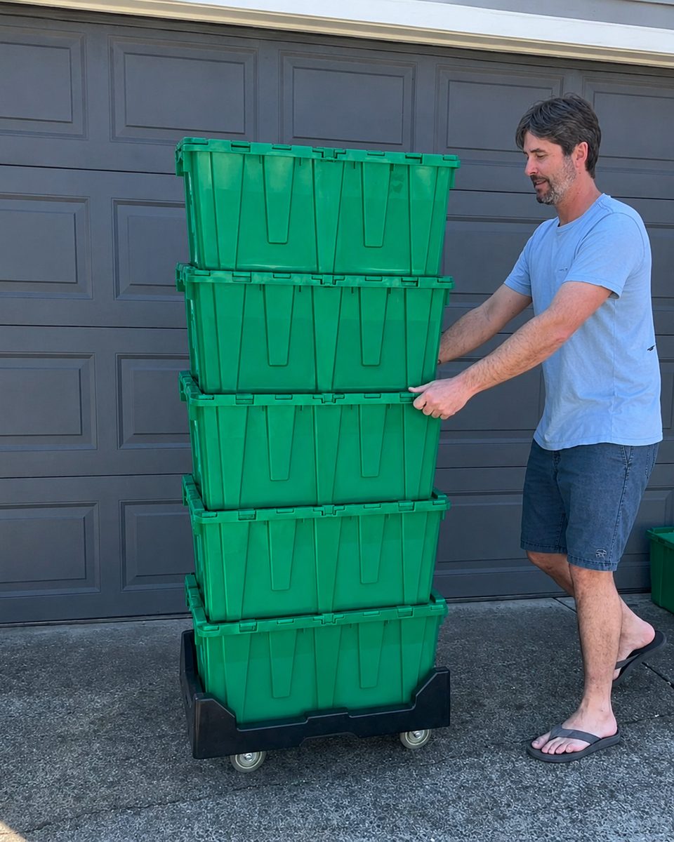 Five stacked green Reliable Tote Rentals totes on a rolling dolly, pushed by the owner in front of a garage